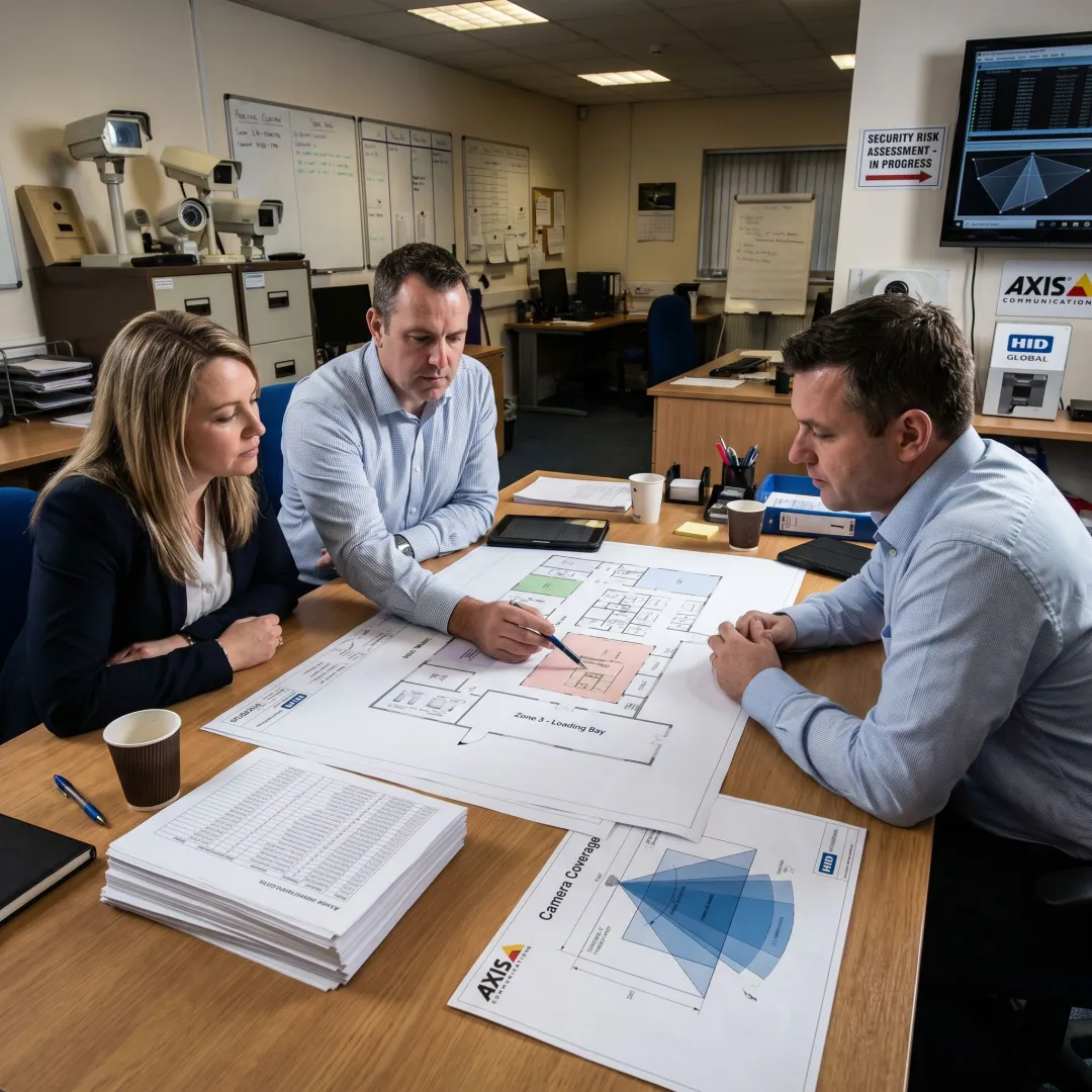 Security assessment team reviewing facility plans