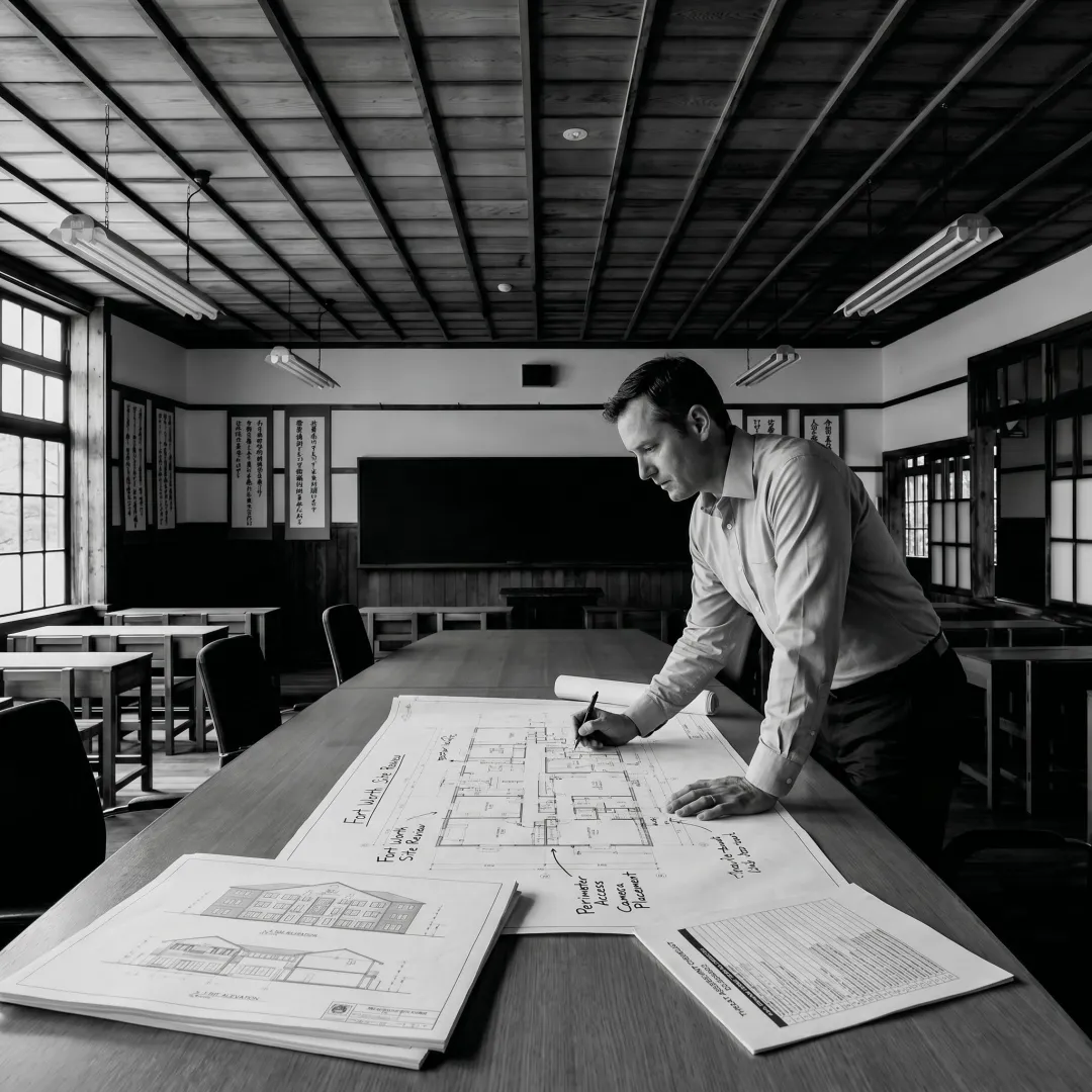 Security consultant reviewing a facility risk assessment