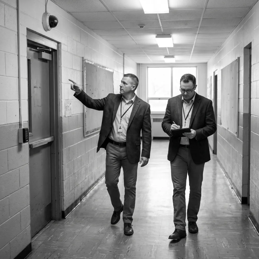 Security team conducting a threat assessment walkthrough
