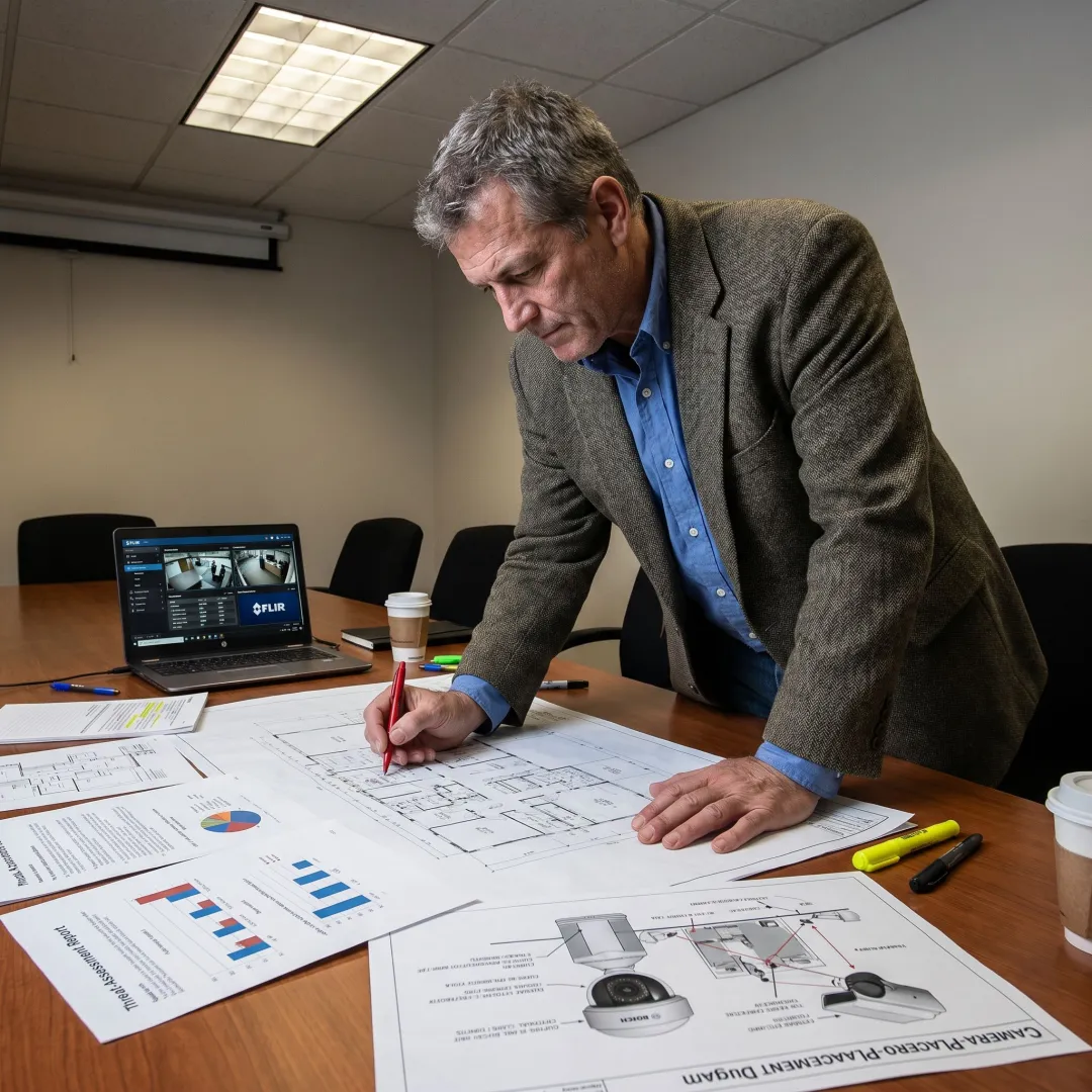 Security consultant reviewing facility risk assessment plans