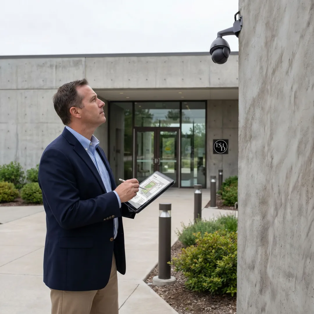 CPTED consultant assessing building exterior