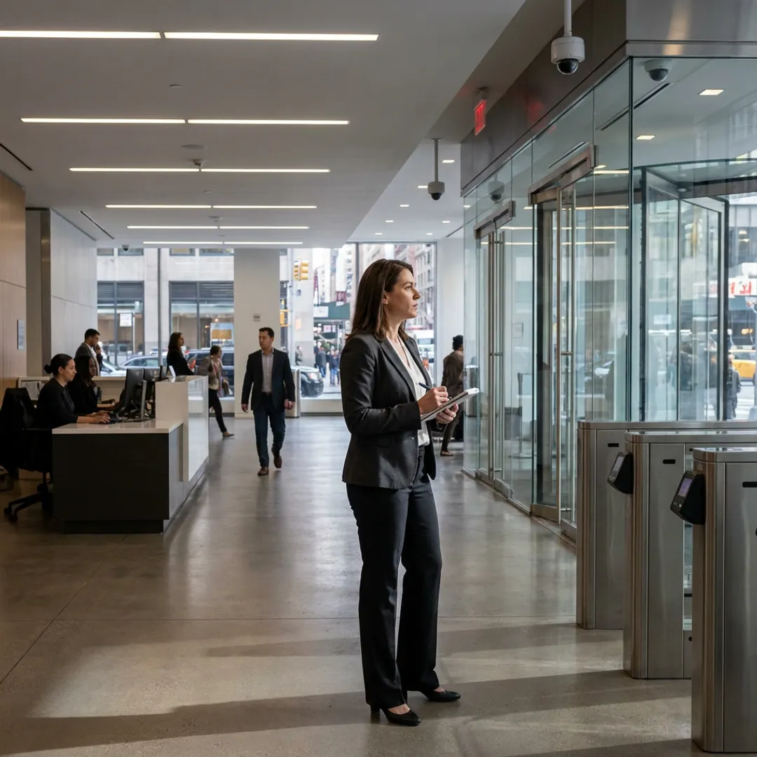 Security consultant reviewing corporate building access control