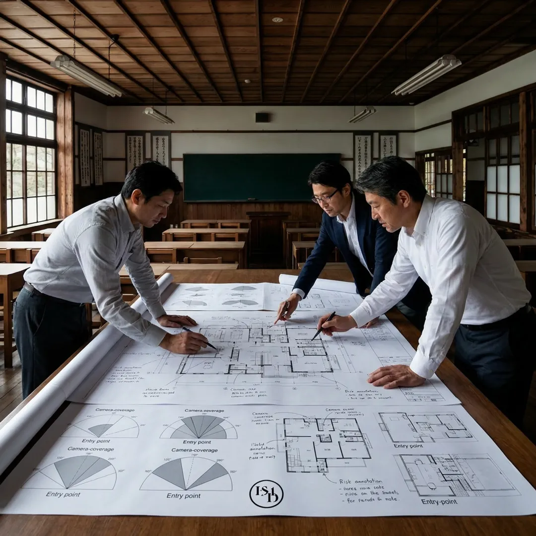 Security team reviewing corporate facility plans
