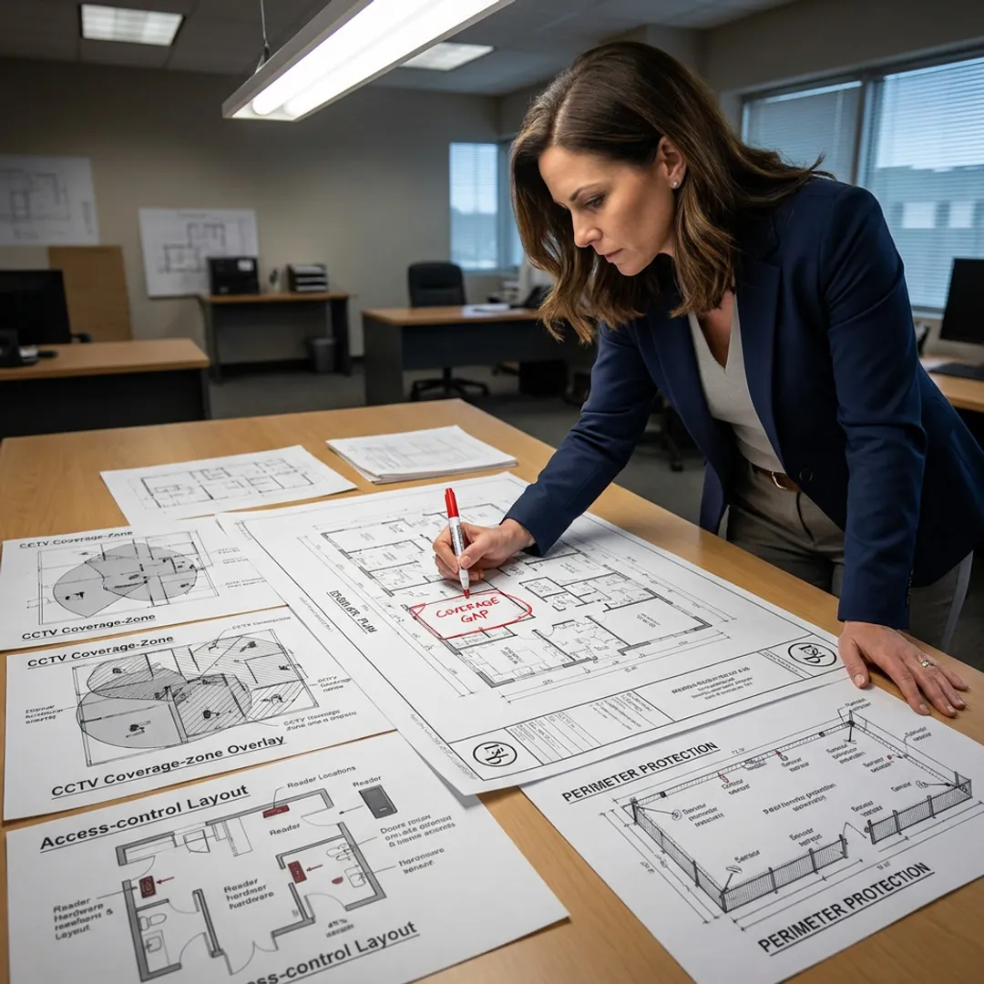 Security consultant reviewing facility design plans