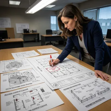 Security consultant reviewing facility design plans