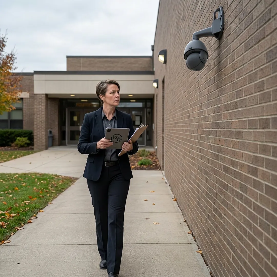Campus security consultant assessing building access points