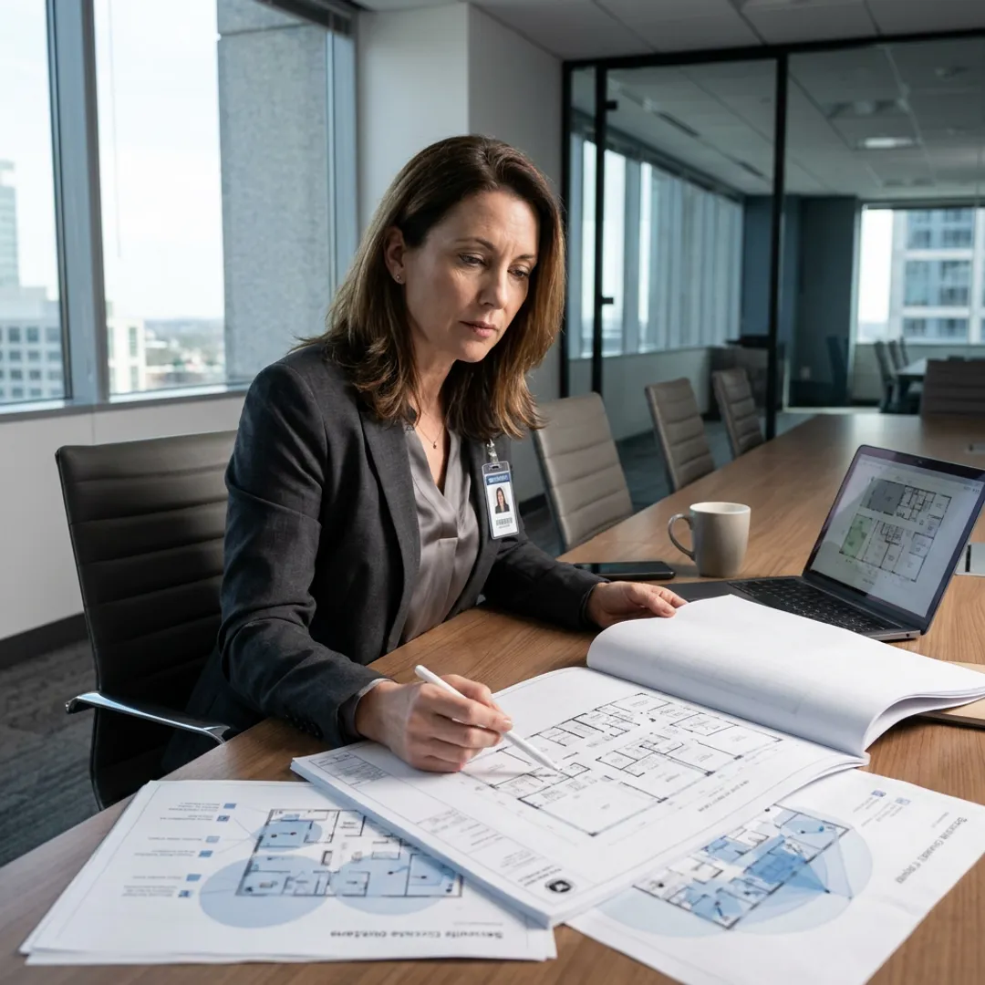 Corporate security consultant reviewing facility plans