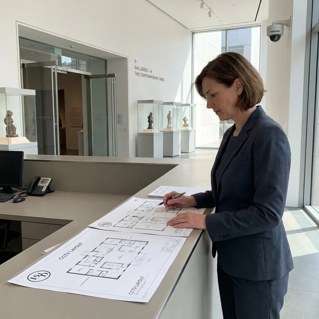 Museum security consultant reviewing gallery systems