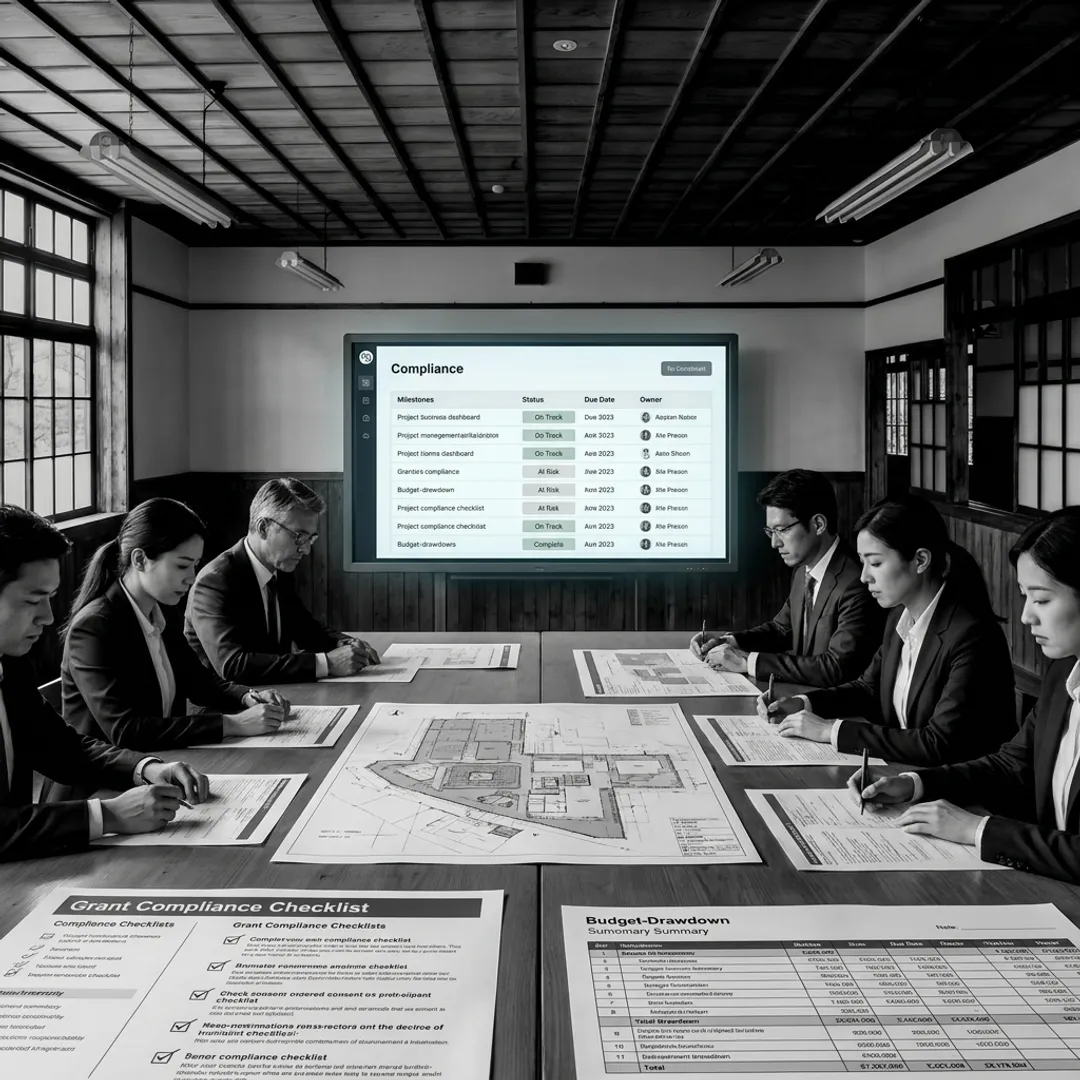 A project manager reviewing a grant administration timeline on a large screen.