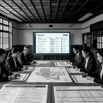 A project manager reviewing a grant administration timeline on a large screen.