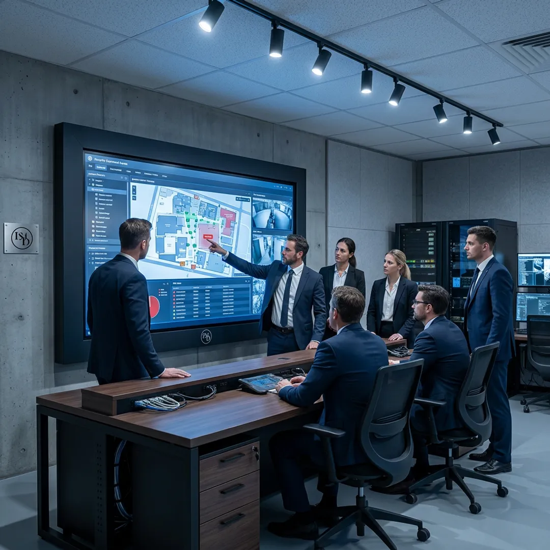 A team of security experts analyzing complex data on a digital interface.