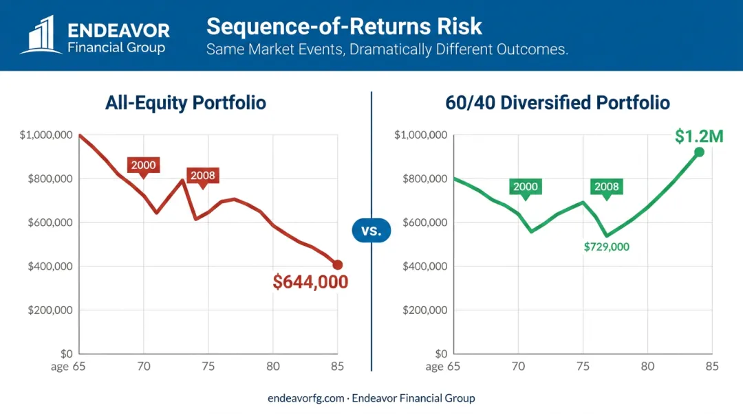 Sequence-of-returns risk comparison showing all-equity versus 60-40 portfolio outcomes