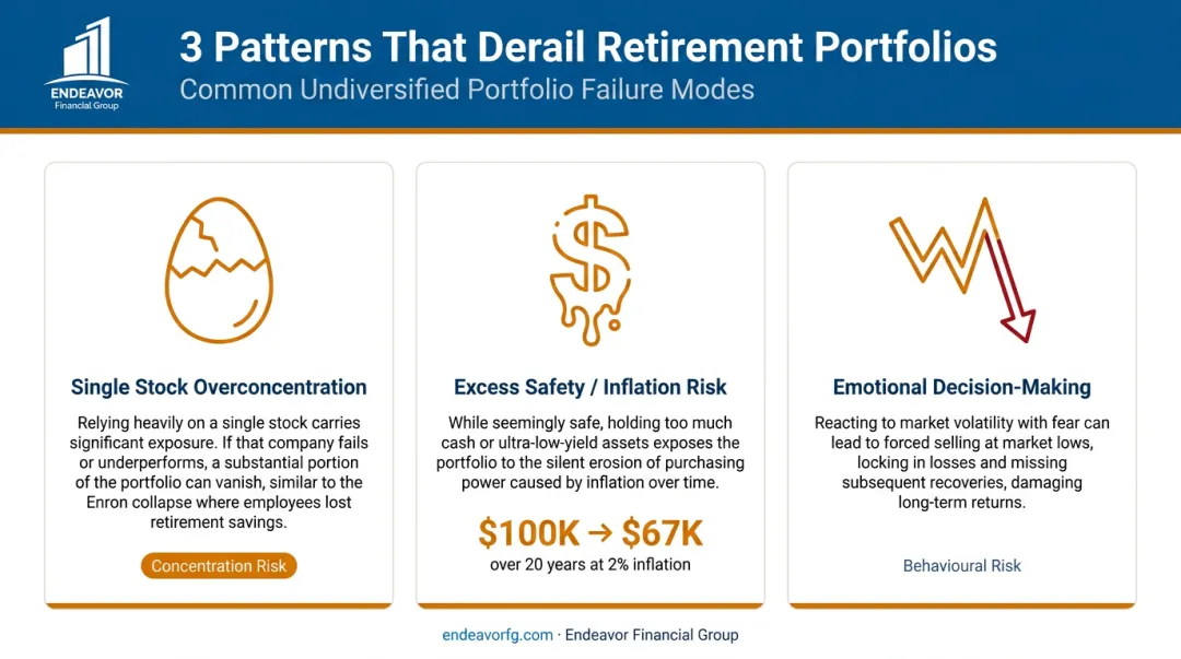Three retirement portfolio diversification failure patterns and their financial consequences