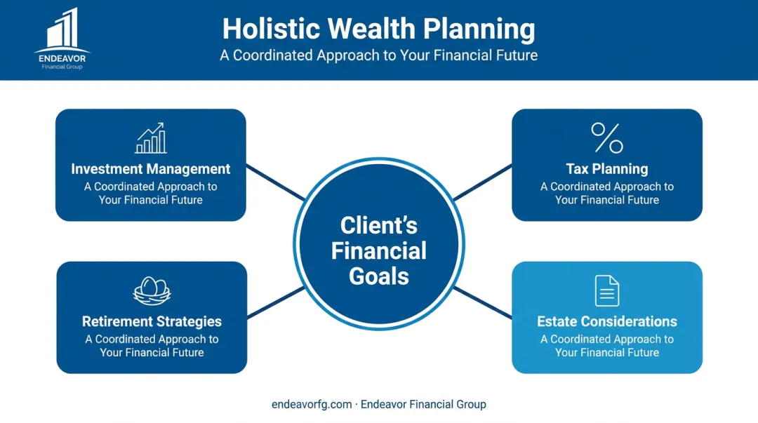 Holistic wealth planning infographic showing interconnected financial components like tax and estate planning