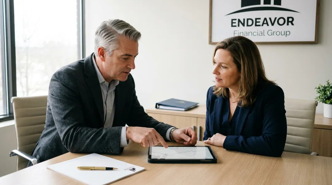 Financial advisor and client collaboratively discussing investment portfolio charts on a tablet