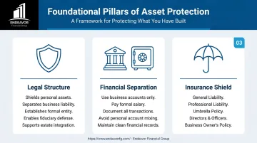 Three foundational pillars of asset protection for business owners infographic