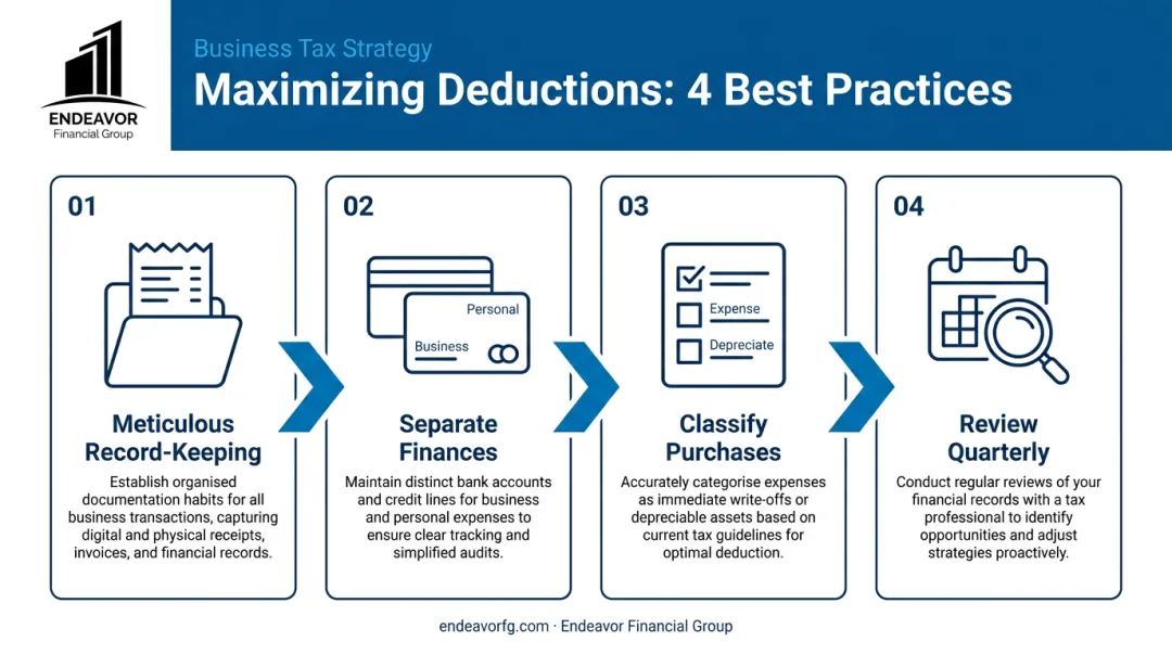 4-step process infographic for maximizing business tax deductions effectively