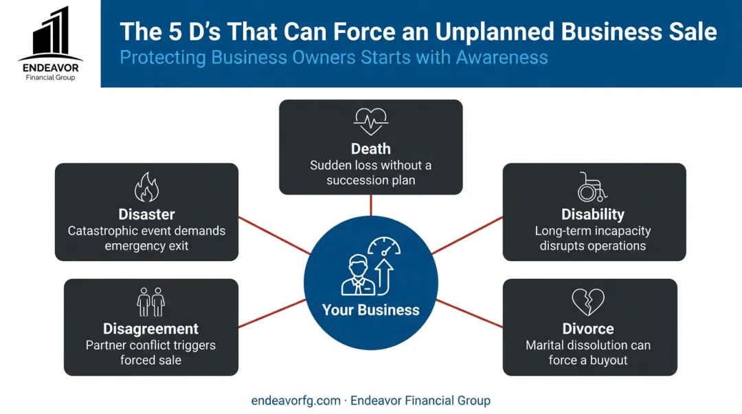 Infographic of the 5 D's that trigger involuntary business exits