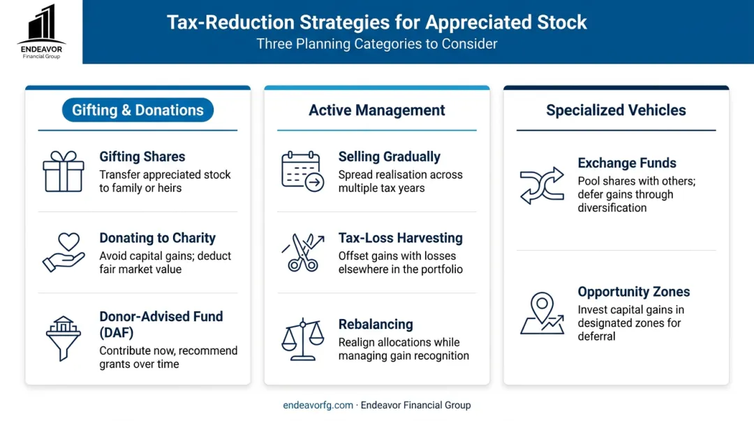 Tax reduction strategies for managing highly appreciated stock infographic summary