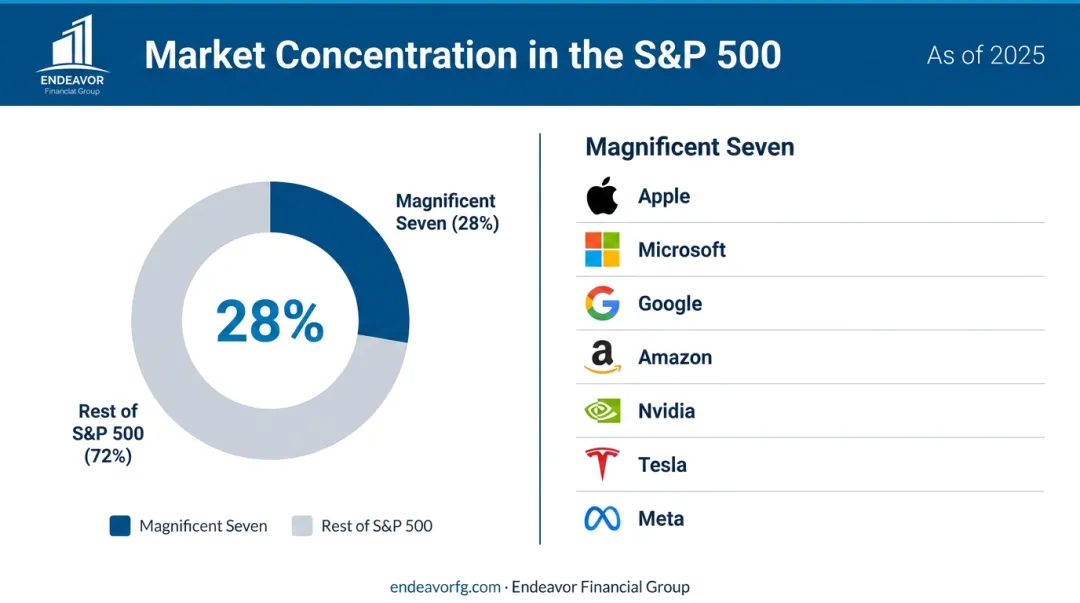 Pie chart showing Magnificent Seven stocks' large weight in the S&P 500 index
