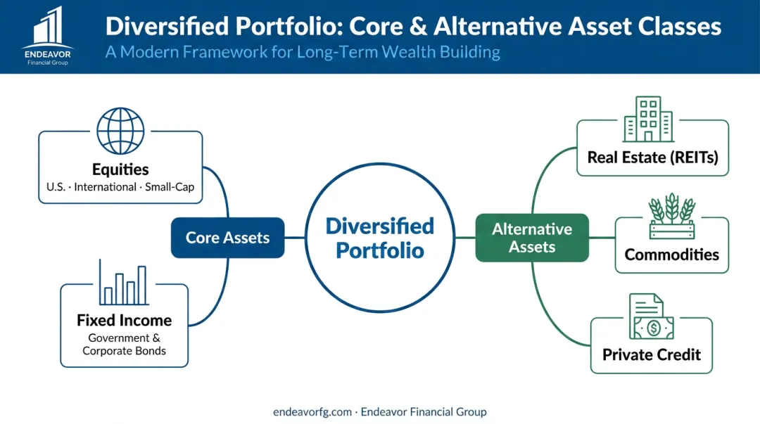 Diagram of a modern diversified portfolio with core and alternative asset classes