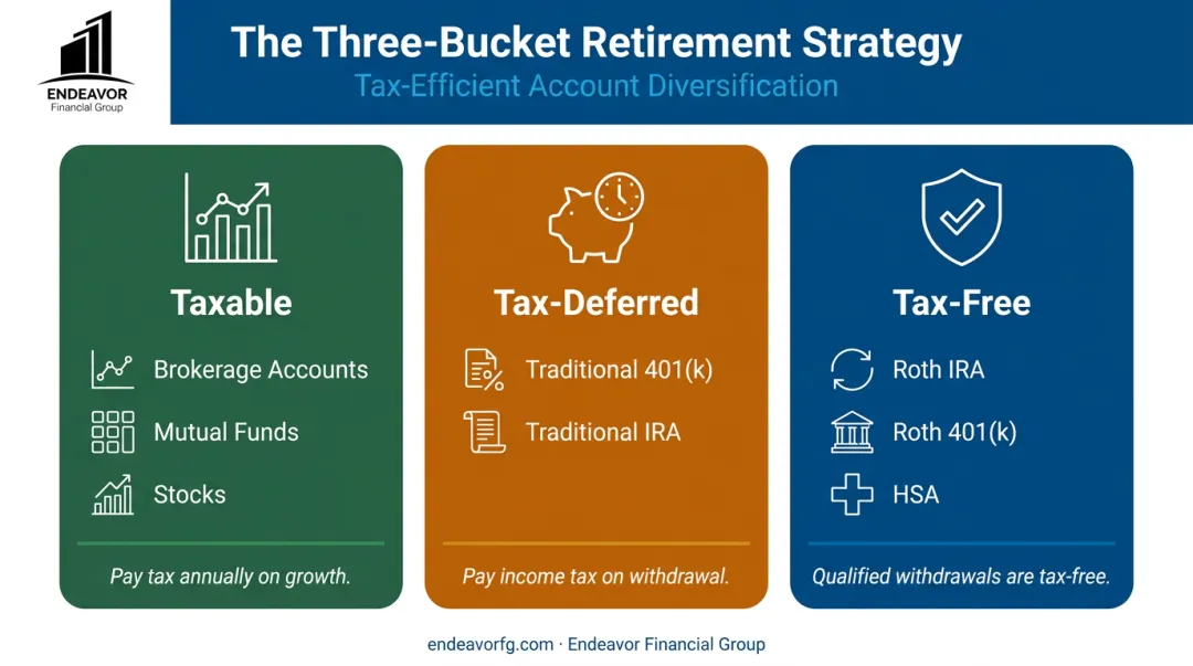 The three-bucket retirement savings strategy showing taxable tax-deferred and tax-free accounts
