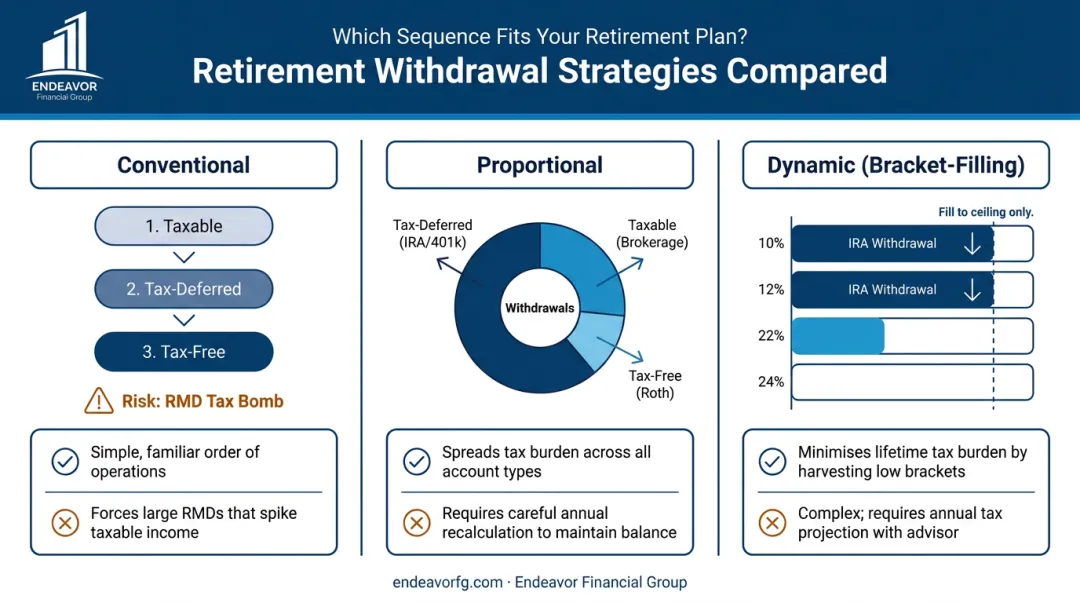 Comparison infographic of three retirement withdrawal strategies: conventional proportional and dynamic
