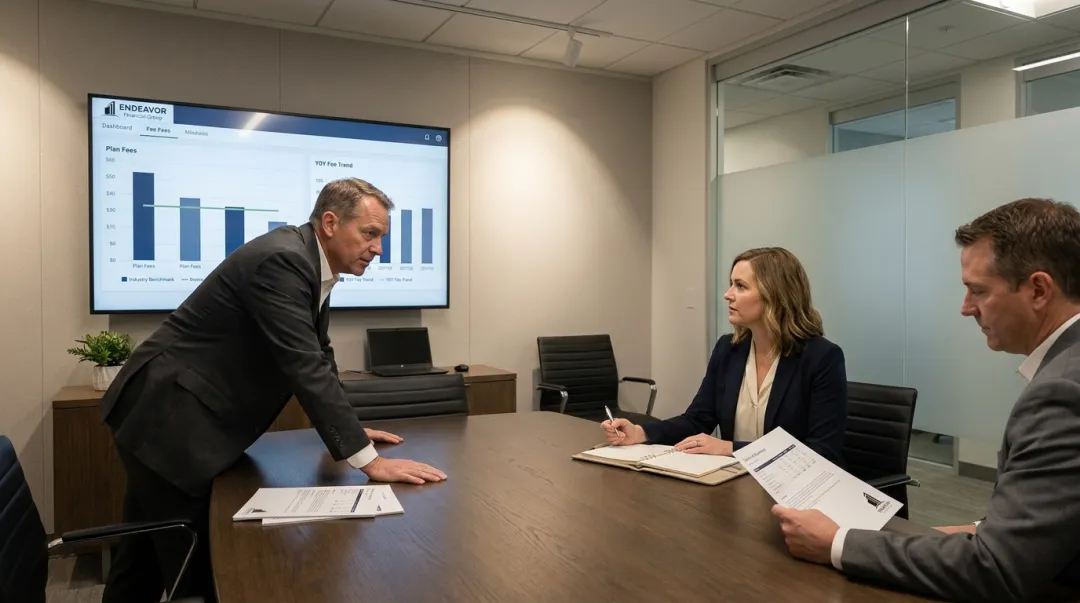 Plan fiduciary analyzing retirement plan fee benchmarking report on a monitor