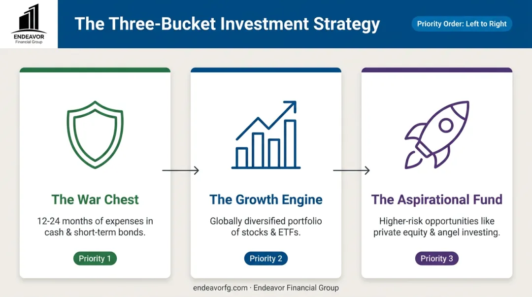 Three-bucket investment strategy infographic for business owner wealth diversification and security
