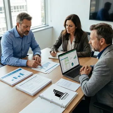 Advisor reviewing employee benefits program with business leaders