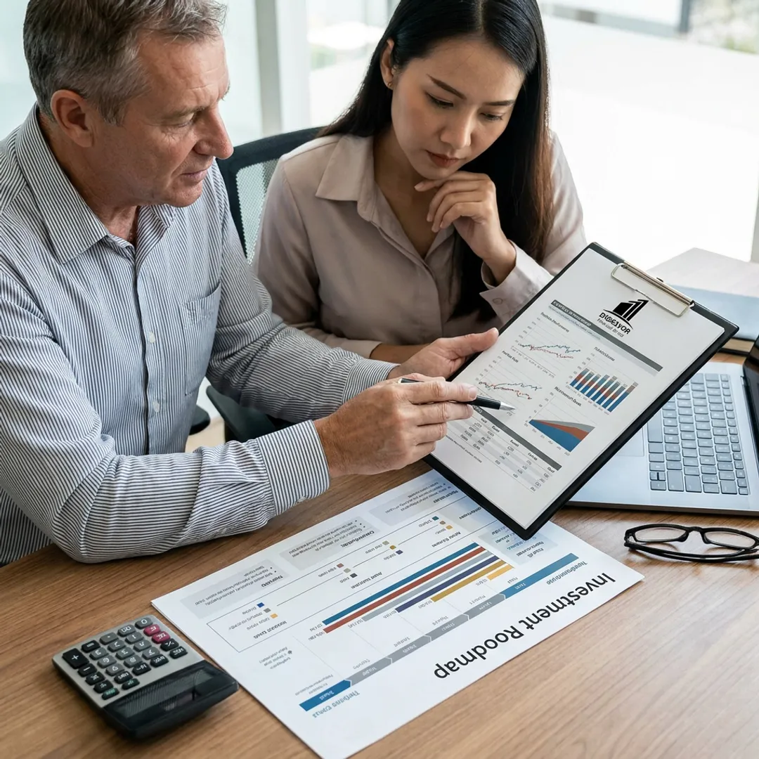 Advisor and client reviewing a portfolio management roadmap