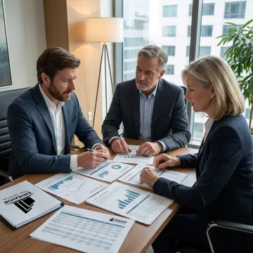 Financial advisor reviewing portfolio strategy with clients