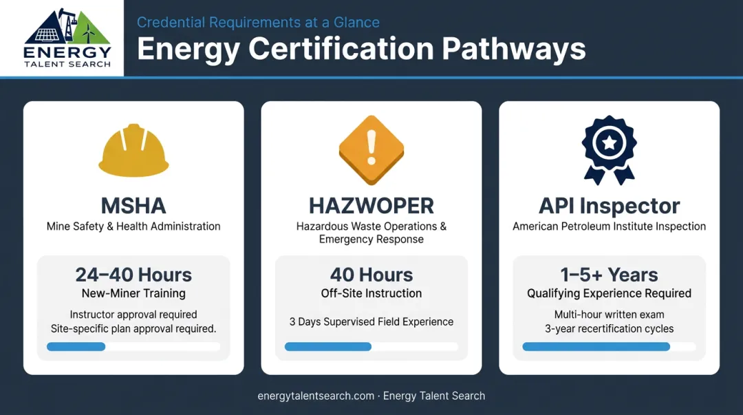 Energy sector certification requirements MSHA HAZWOPER and API credentials overview infographic