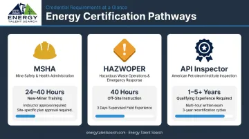Energy sector certification requirements MSHA HAZWOPER and API credentials overview infographic