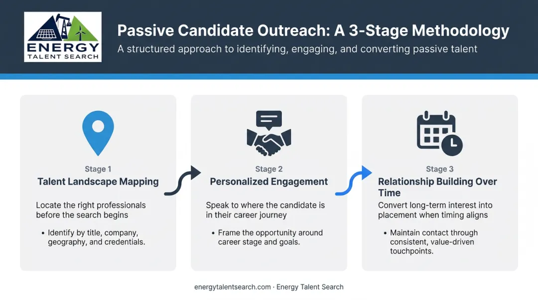 Three-step passive candidate outreach methodology for specialized energy roles process flow