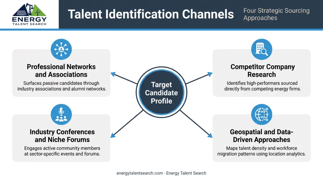 Four-channel specialized energy talent mapping and candidate identification strategy infographic