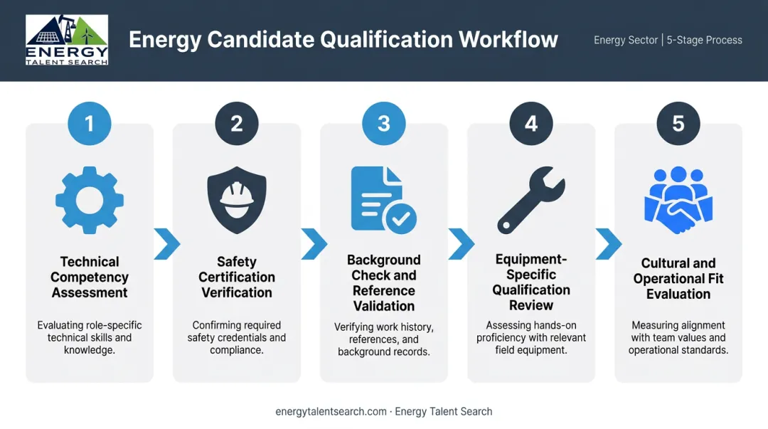 5-step energy candidate screening and qualification workflow process infographic