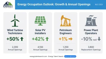 Energy sector occupation growth projections and annual job openings comparison chart