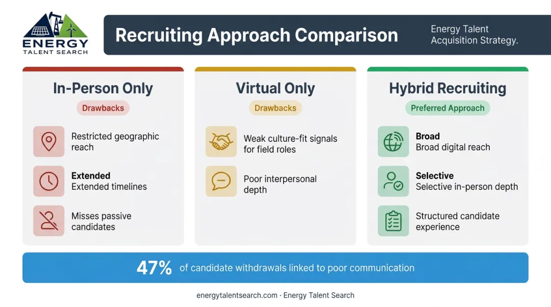 Three-column comparison of in-person-only virtual-only and hybrid energy recruiting approaches