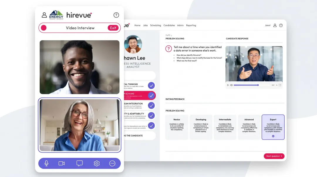 HireVue video interview platform interface showing candidate assessment and evaluation screen