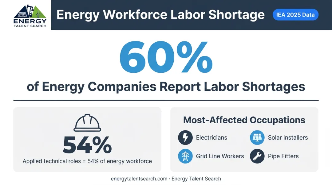 Energy workforce labor shortage statistics showing 60 percent of companies affected infographic
