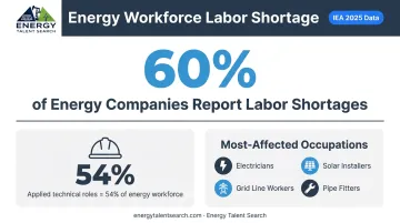 Energy workforce labor shortage statistics showing 60 percent of companies affected infographic