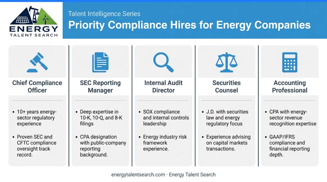 Five priority SEC compliance hiring roles for public energy companies infographic