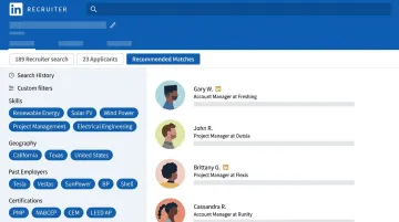 LinkedIn Recruiter search interface filtering candidates by energy industry certifications and skills