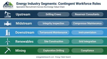 Energy sector contingent staffing roles by segment upstream midstream downstream renewables