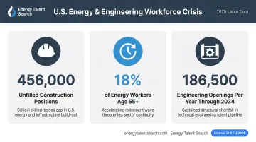 Three energy workforce shortage statistics infographic showing vacancy and retirement data