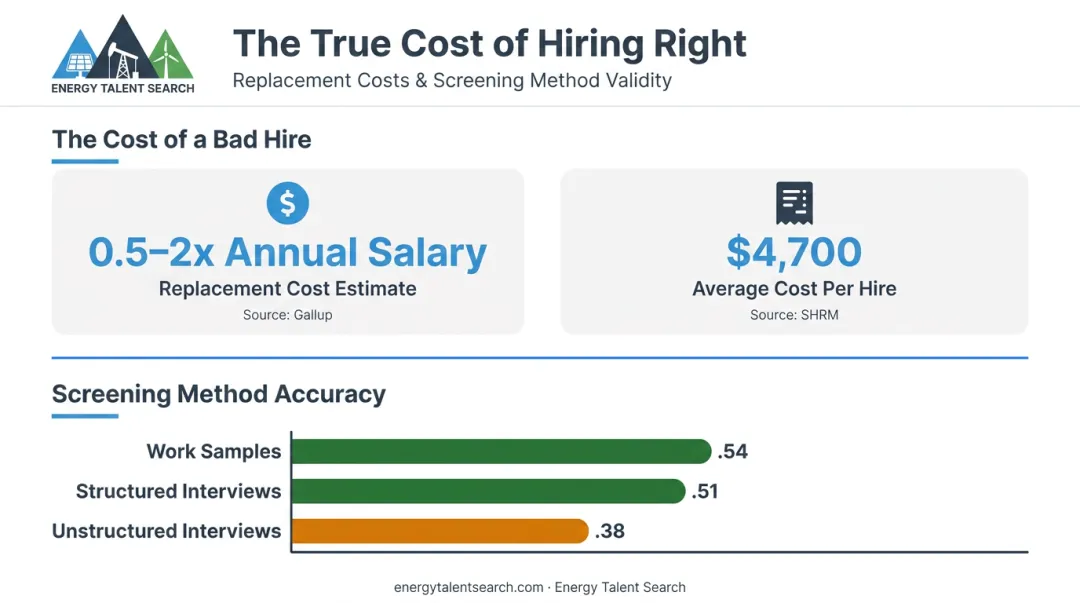 Mis-hire financial cost breakdown comparing replacement expenses and screening validity scores