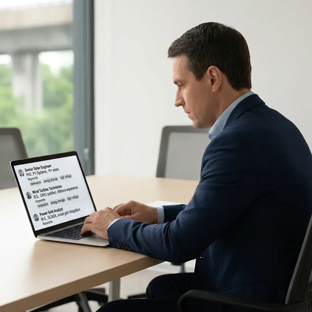 Recruiter reviewing energy engineering candidate profiles