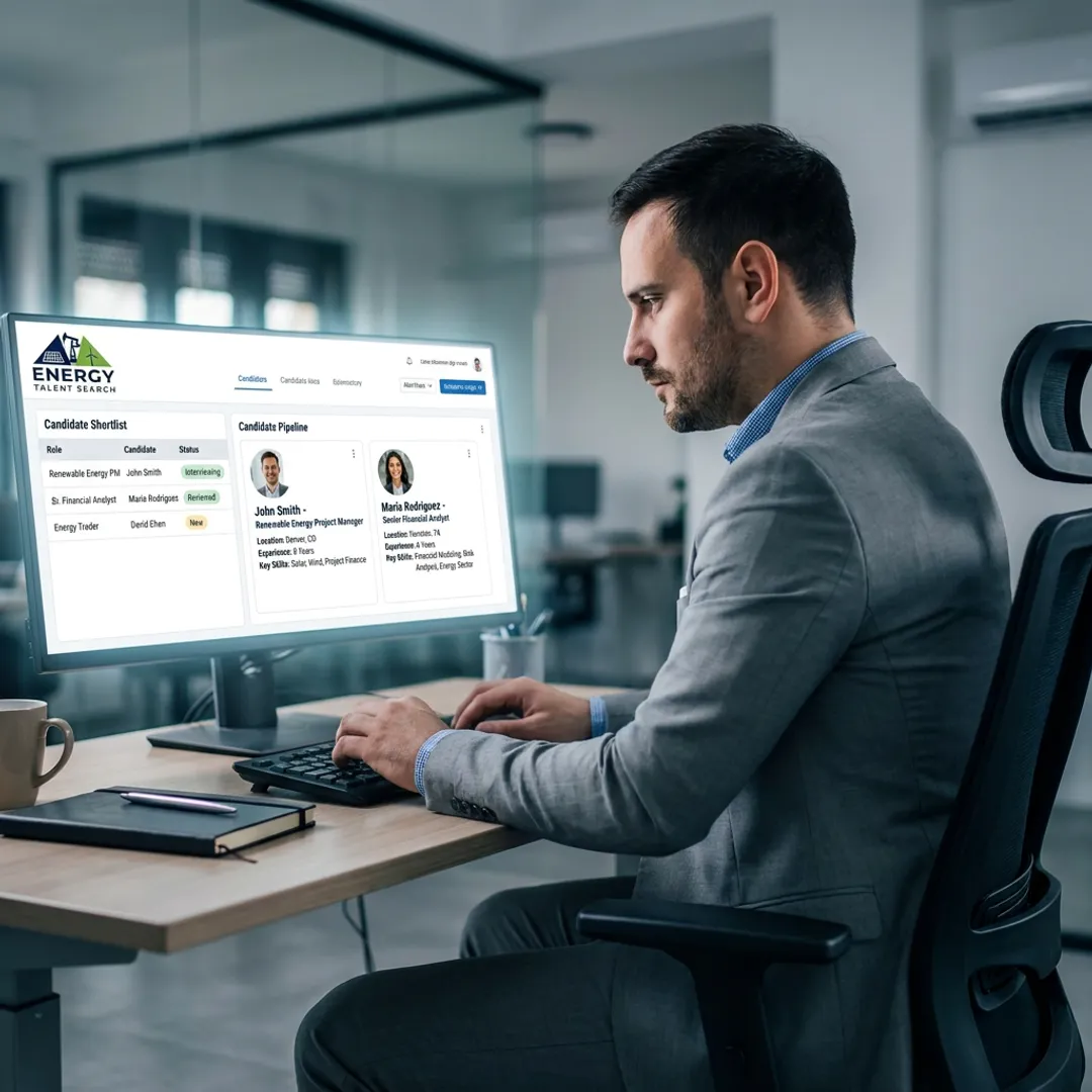 Recruiter reviewing candidate profiles for energy and finance hiring