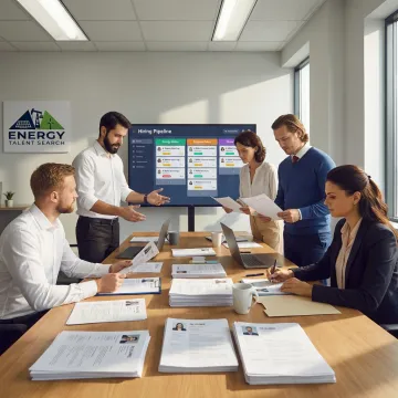 Recruiting team discussing energy and finance hiring strategy